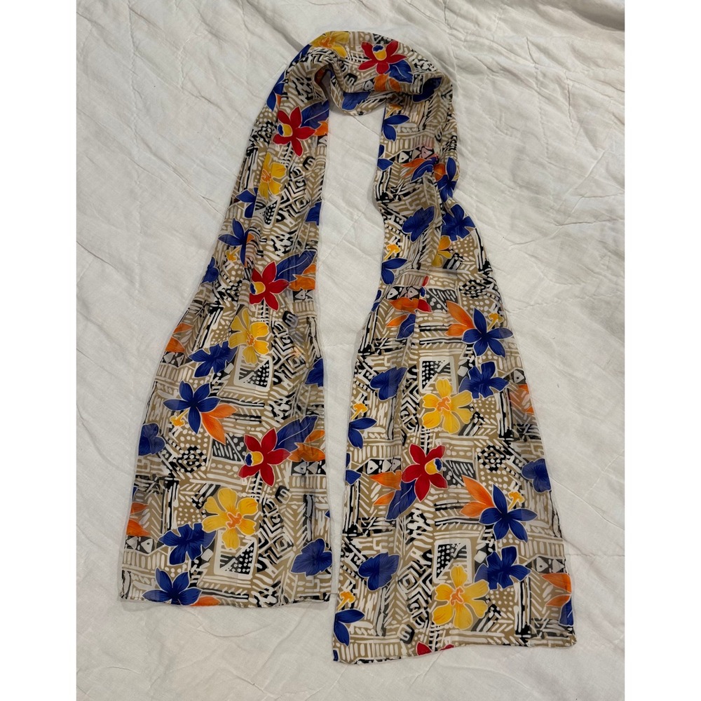 Vintage Tropical Floral Hibiscus Geometric Print‎ Scarf Blue Orange Tan